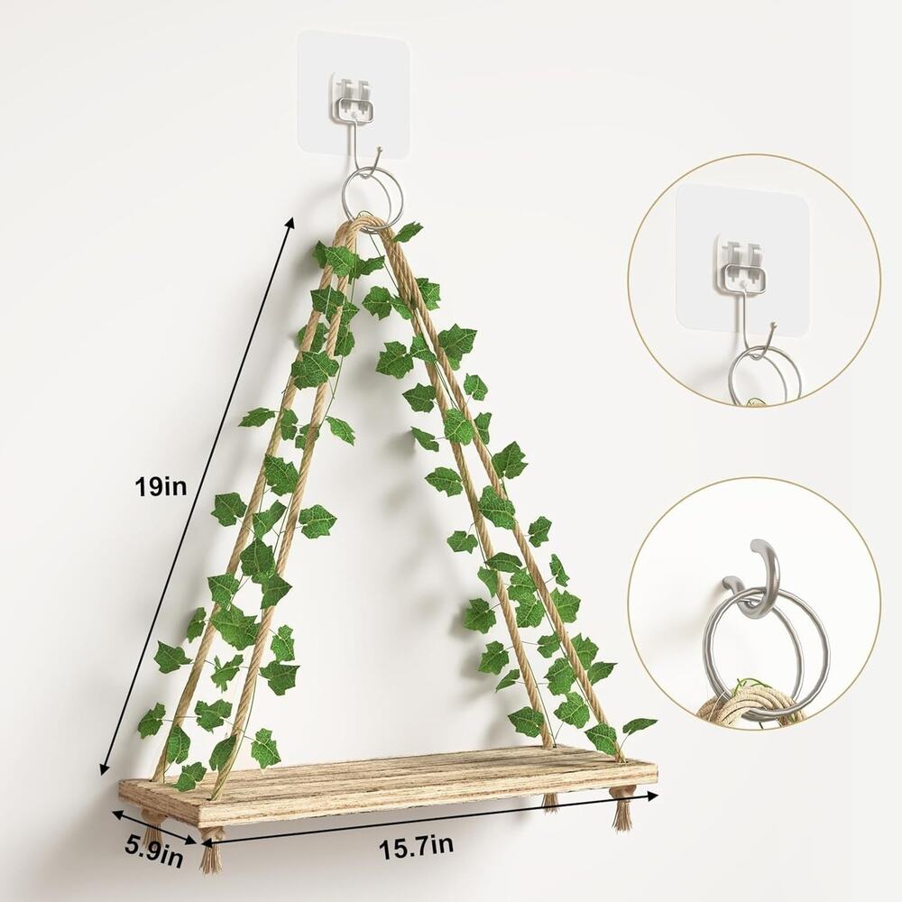 Artificial Ivy LED-Strip Wall Hanging Shelves Set of 2, Macrame Shelf for Bed...